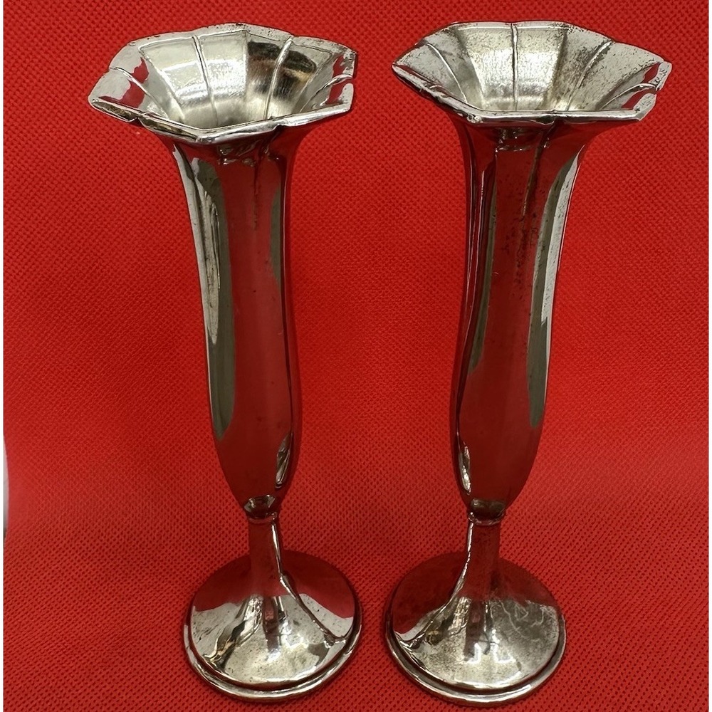 Vintage Trumpet Bud Vases Set Of 2 Silver Plated Tapered Tarnish Ornate Flared